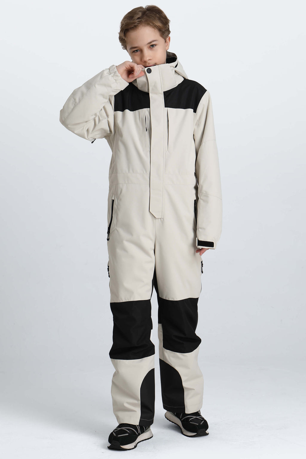 Boys' Khaki Contrast-Panel Insulated One-Piece Ski Suit
