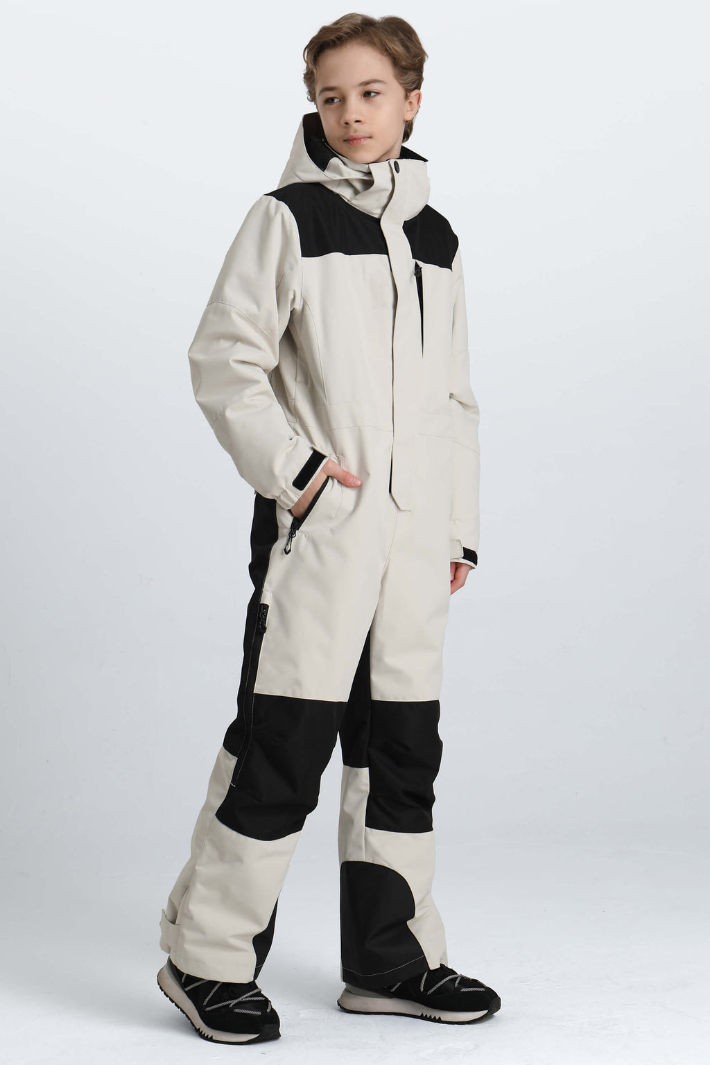 Boys' Black Contrast-Panel Insulated One-Piece Ski Suit