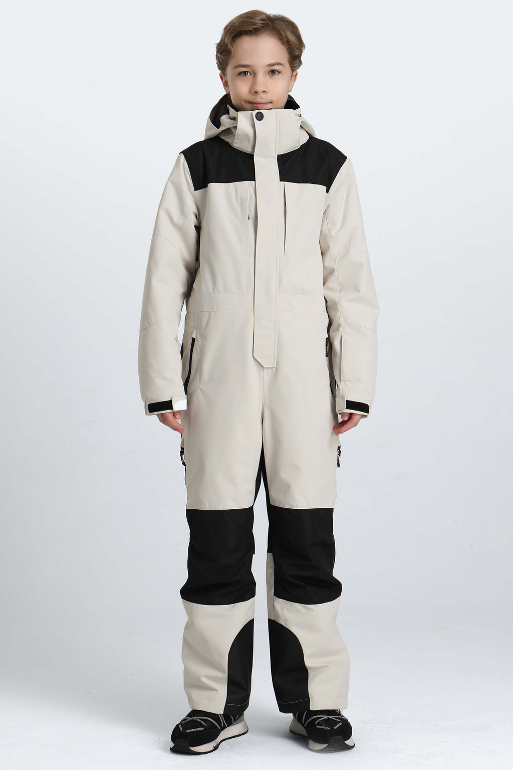 Boys' Off White Contrast-Panel Insulated One-Piece Ski Suit