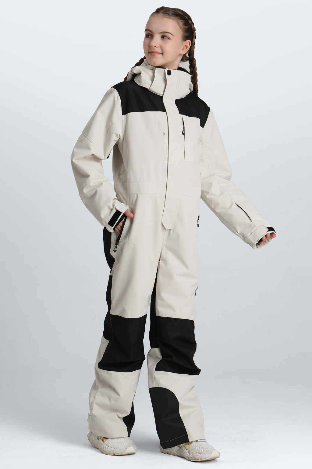 Girls' Pink Contrast-Panel Insulated One-Piece Ski Suit
