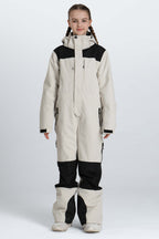 Girls' Off White Contrast-Panel Insulated One-Piece Ski Suit