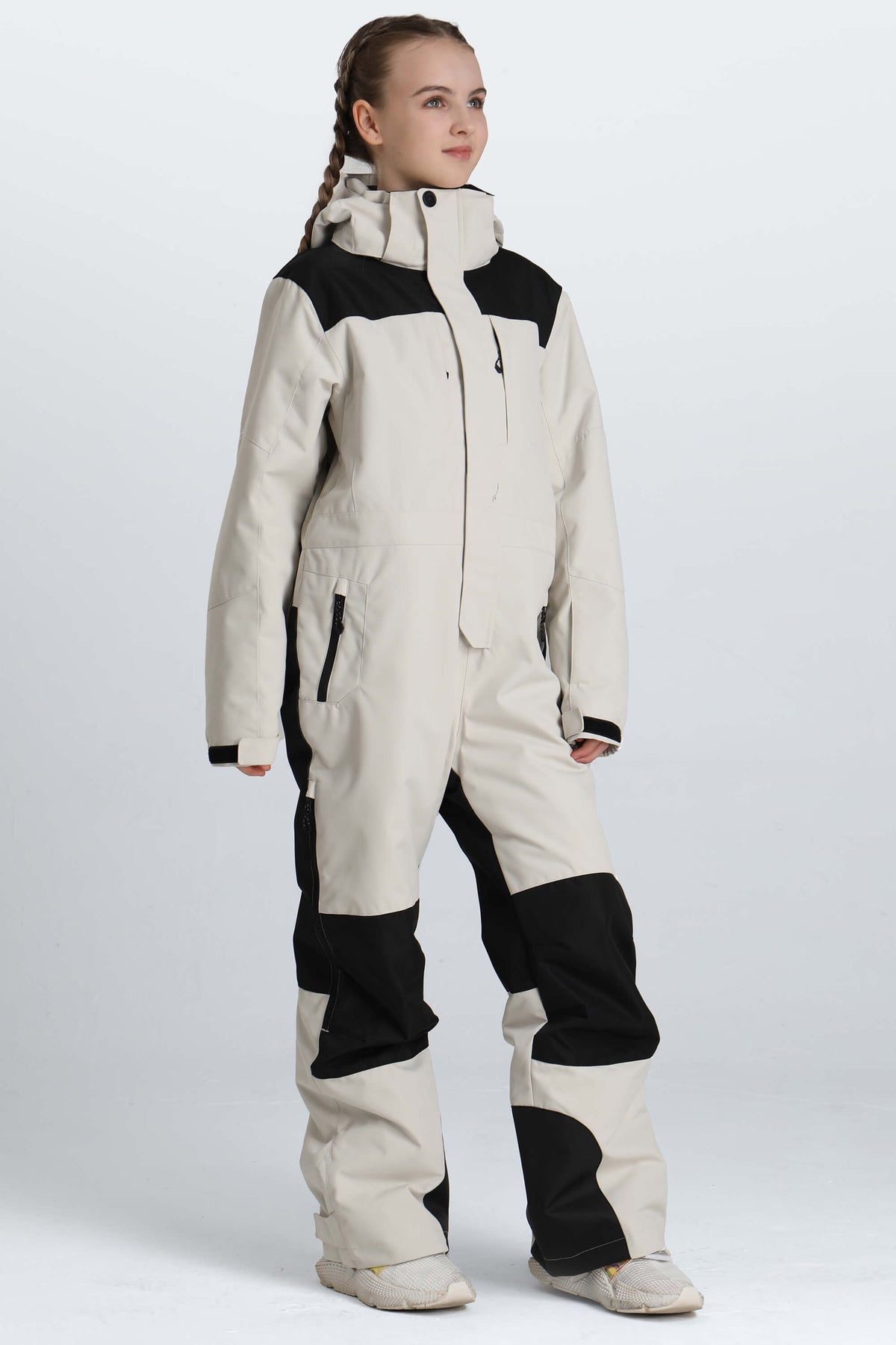 Girls' Off White Contrast-Panel Insulated One-Piece Ski Suit