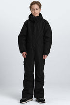 Boys' Black Contrast-Panel Insulated One-Piece Ski Suit