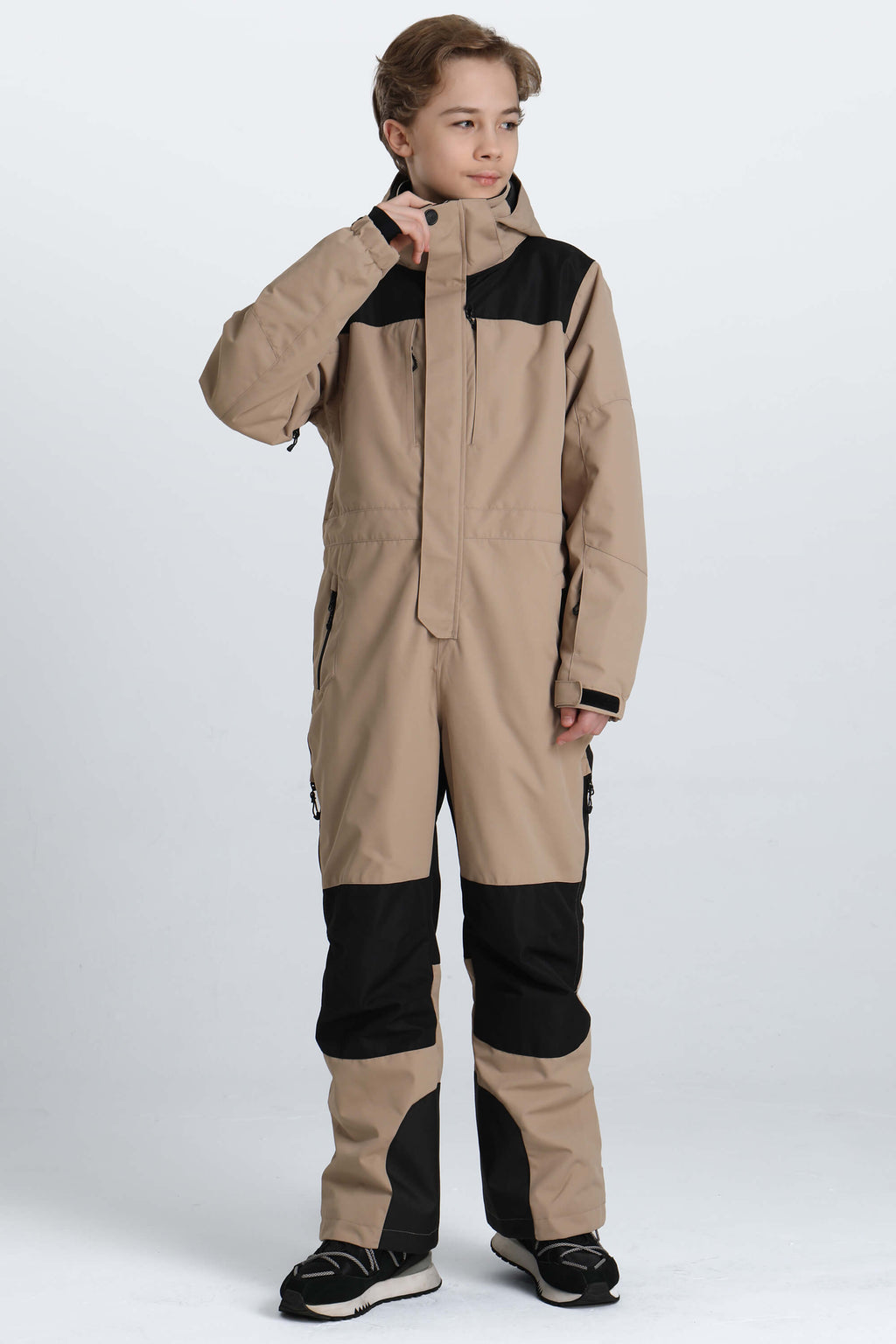 Boys' Black Contrast-Panel Insulated One-Piece Ski Suit