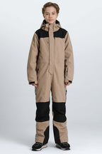 Boys' Khaki Contrast-Panel Insulated One-Piece Ski Suit
