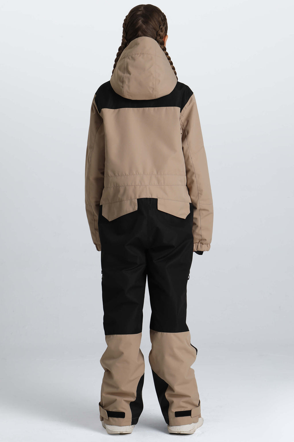 Girls' Khaki Contrast-Panel Insulated One-Piece Ski Suit