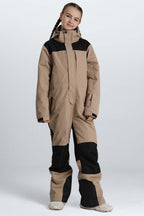 Girls' Khaki Contrast-Panel Insulated One-Piece Ski Suit