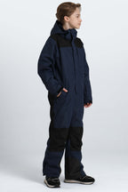 Boys' Navy Blue Contrast-Panel Insulated One-Piece Ski Suit
