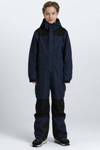 Boys' Navy Blue Contrast-Panel Insulated One-Piece Ski Suit