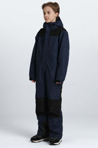 Boys' Navy Blue Contrast-Panel Insulated One-Piece Ski Suit