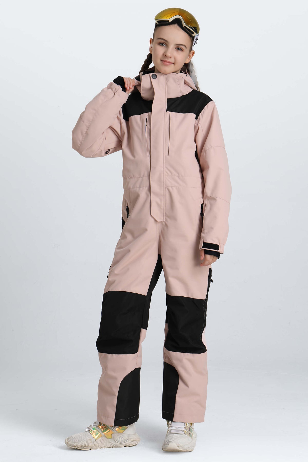 Girls' Khaki Contrast-Panel Insulated One-Piece Ski Suit