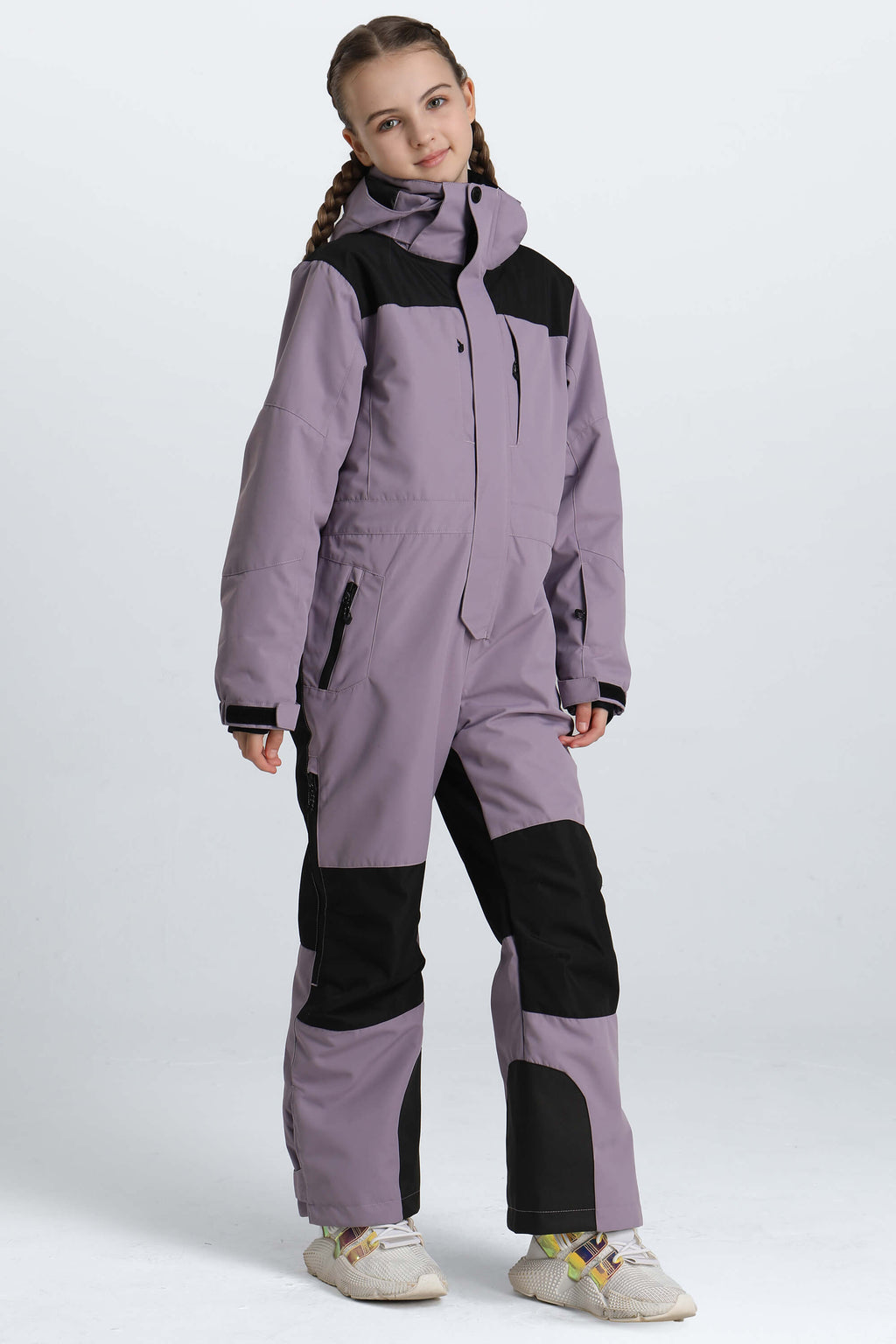 Girls' Pink Contrast-Panel Insulated One-Piece Ski Suit