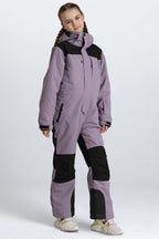 Girls' Pink Contrast-Panel Insulated One-Piece Ski Suit
