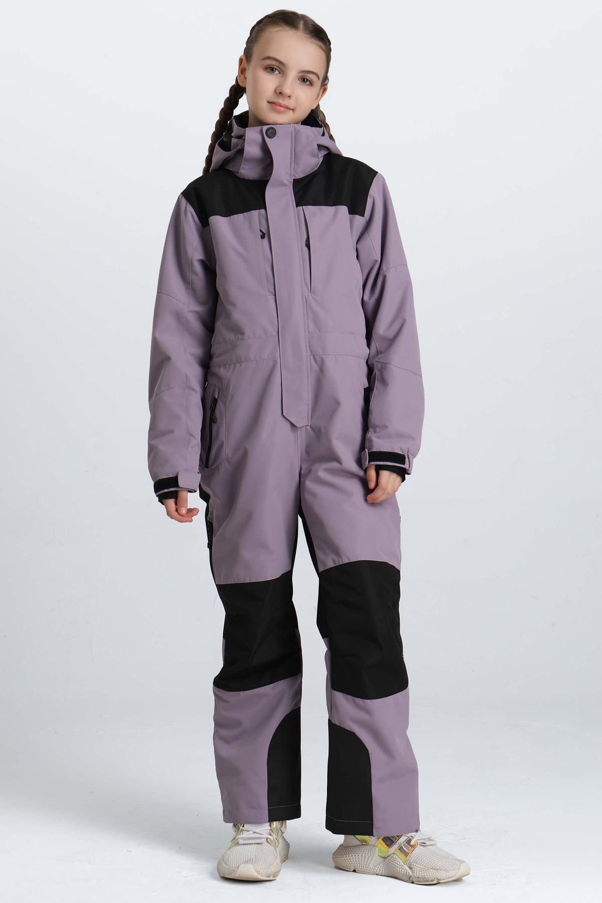 Girls' Lavender Contrast-Panel Insulated One-Piece Ski Suit