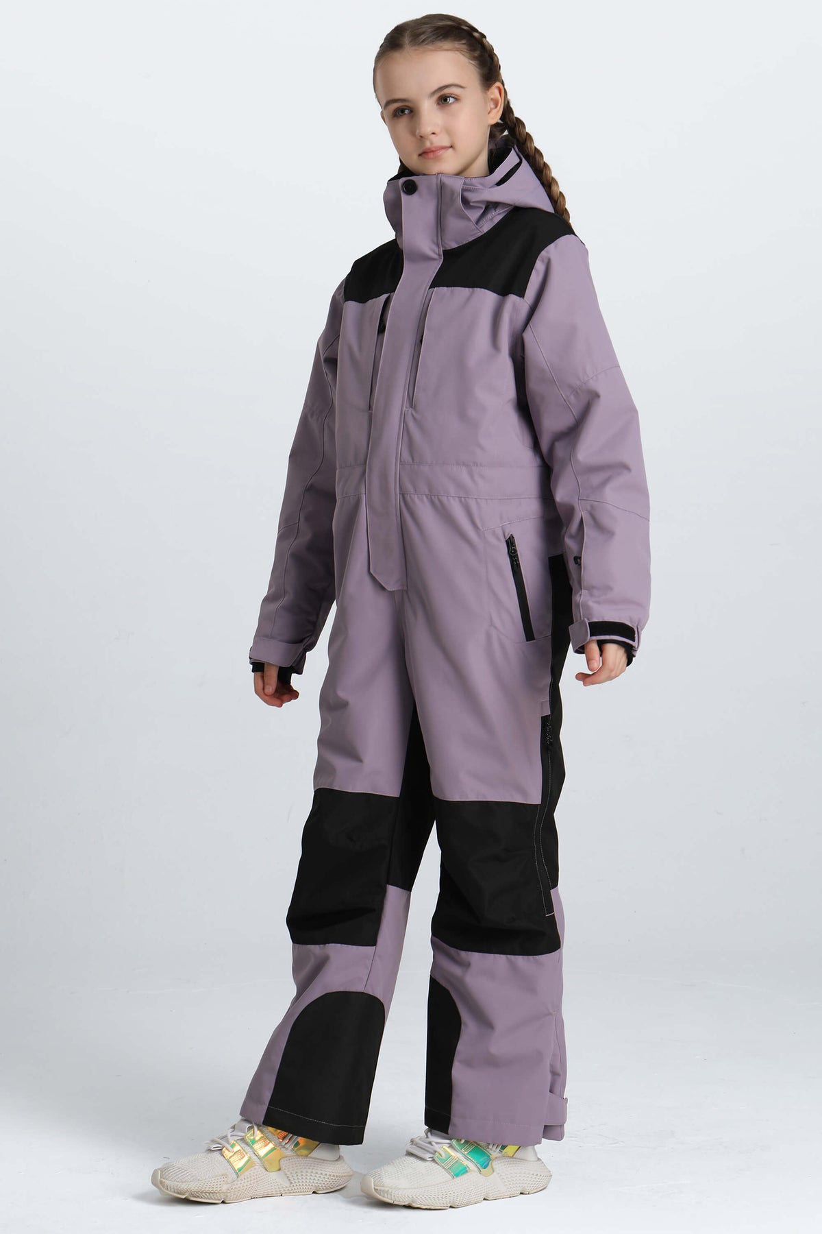 Girls' Lavender Contrast-Panel Insulated One-Piece Ski Suit