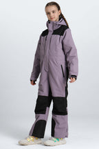 Girls' Khaki Contrast-Panel Insulated One-Piece Ski Suit