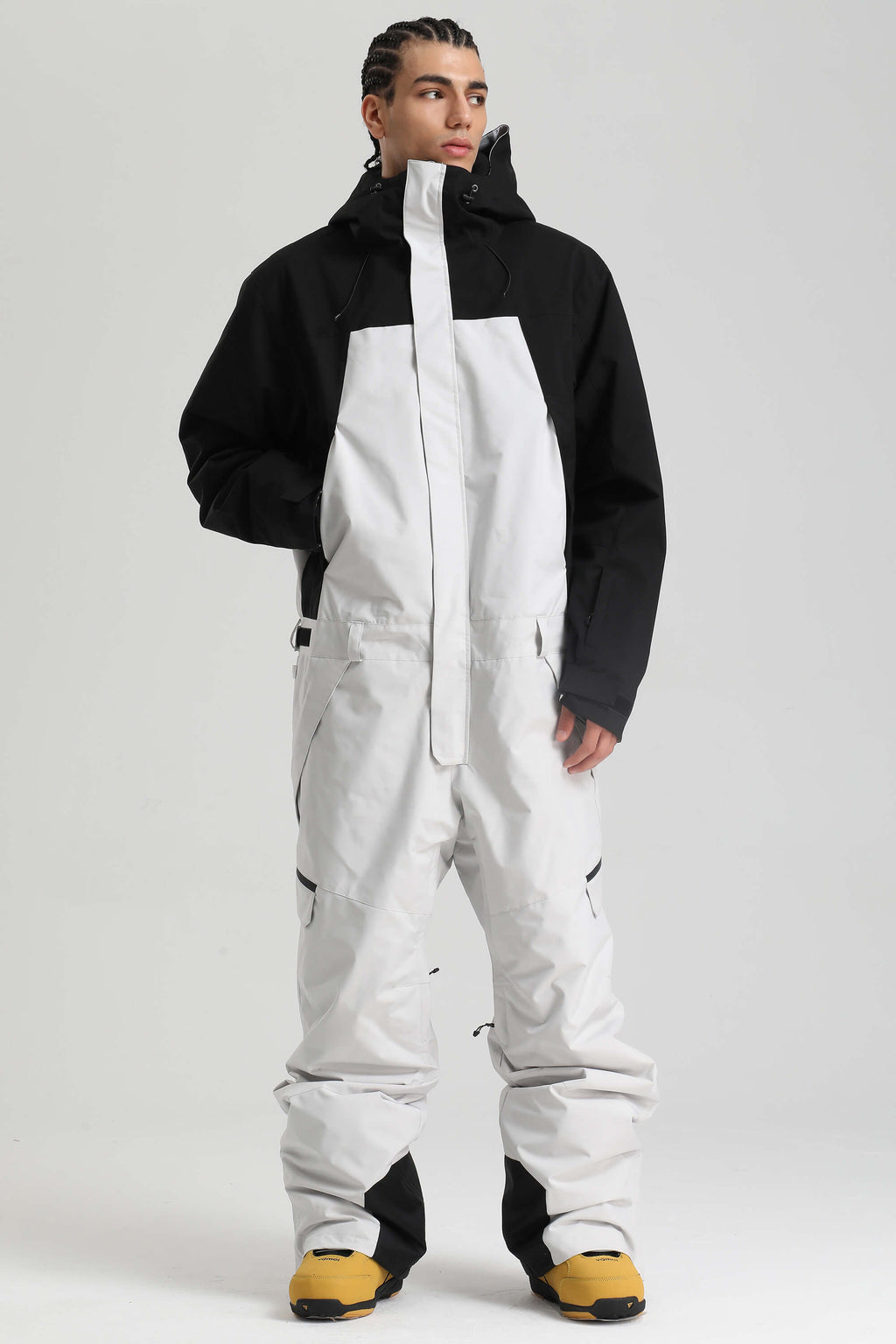 Men's Black & Khaki Insulated Color-Block Utility Baggy One-Piece Ski Suit Snowboard Suit