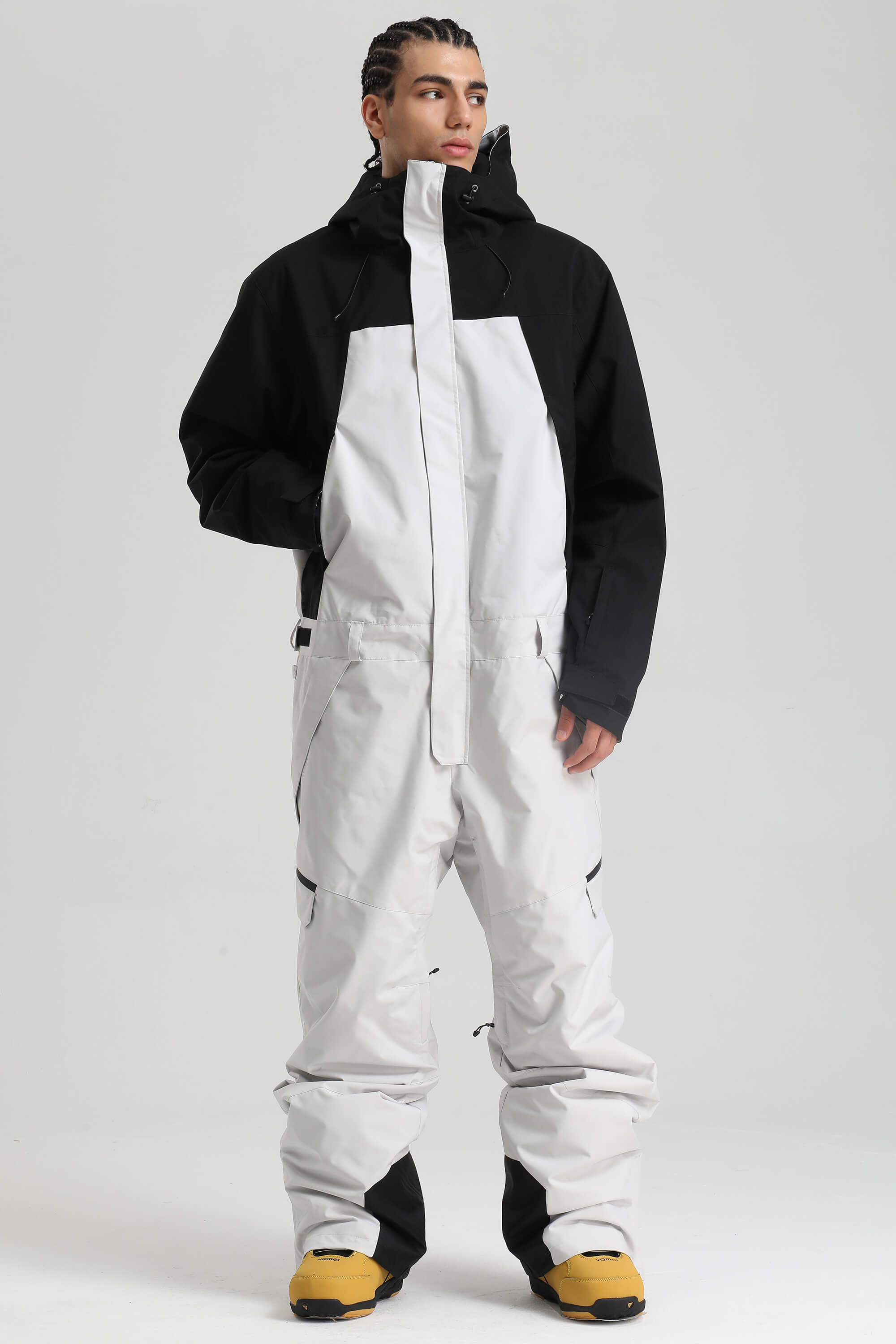 Men's Black & Green Insulated Color-Block Utility Baggy One-Piece Ski Suit Snowboard Suit
