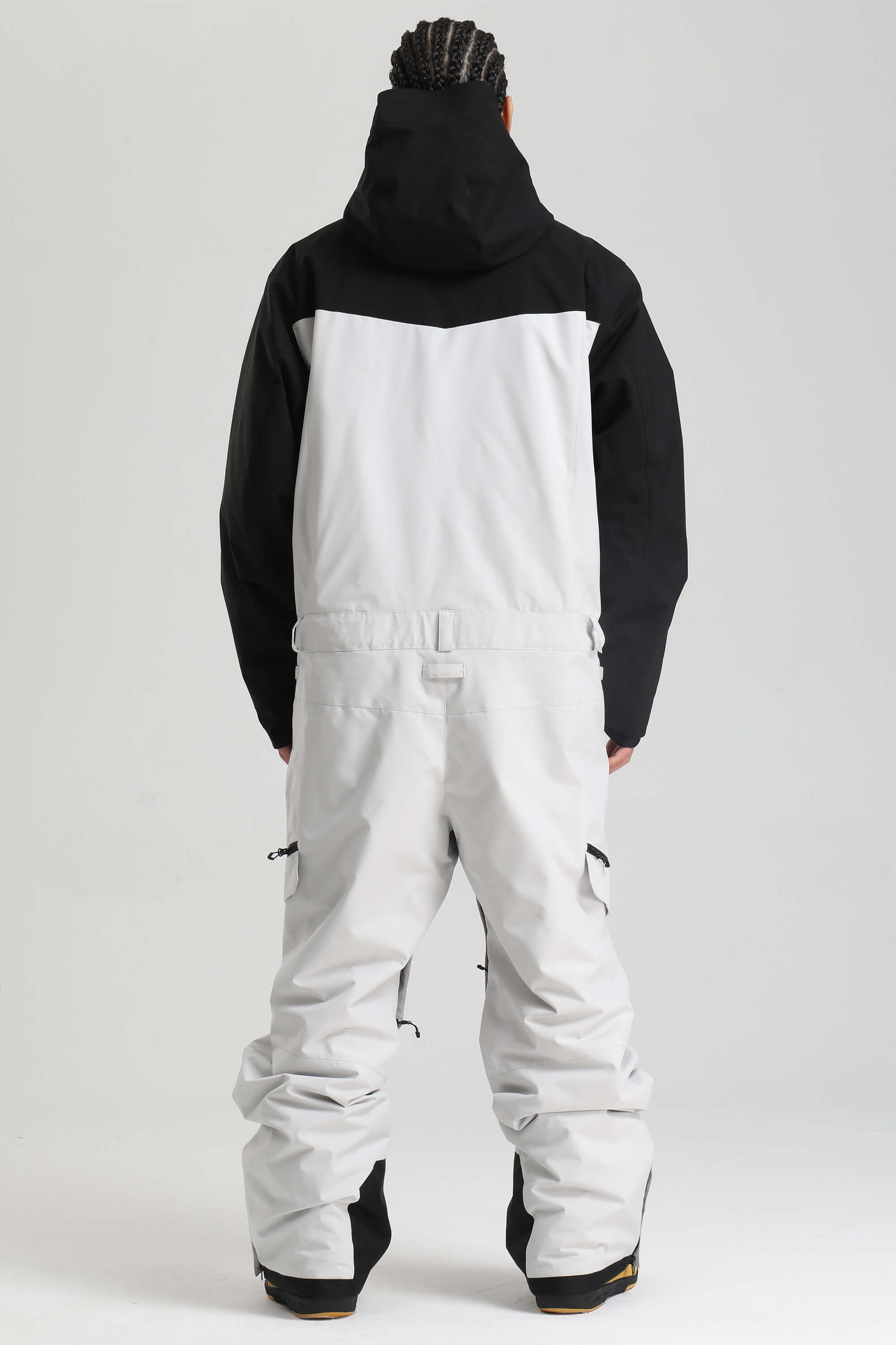 Men's Black & White Insulated Color-Block Utility Baggy One-Piece Ski Suit Snowboard Suit