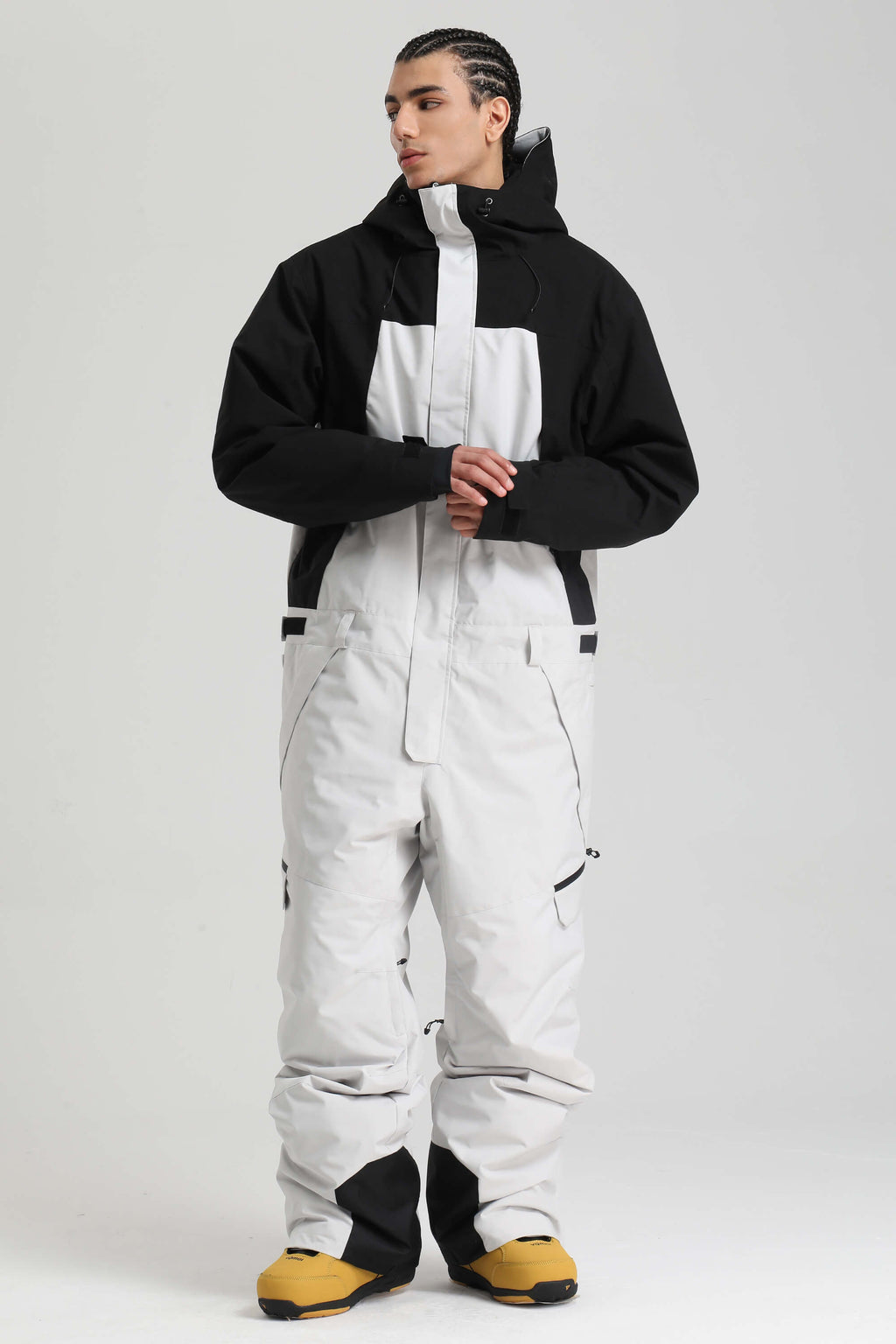 Men's Black & White Insulated Color-Block Utility Baggy One-Piece Ski Suit Snowboard Suit