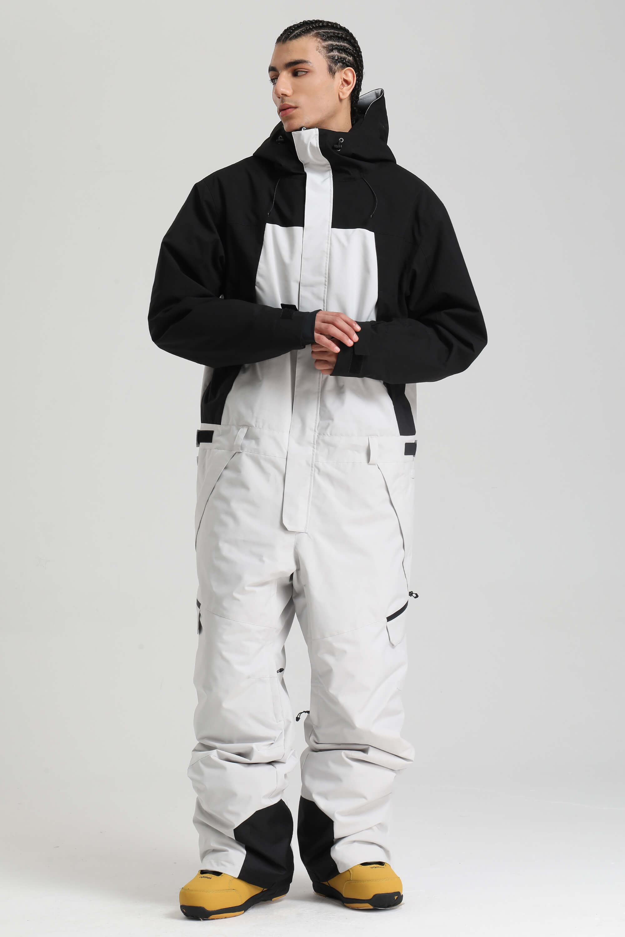 Men's Black & White Insulated Color-Block Utility Baggy One-Piece Ski Suit Snowboard Suit