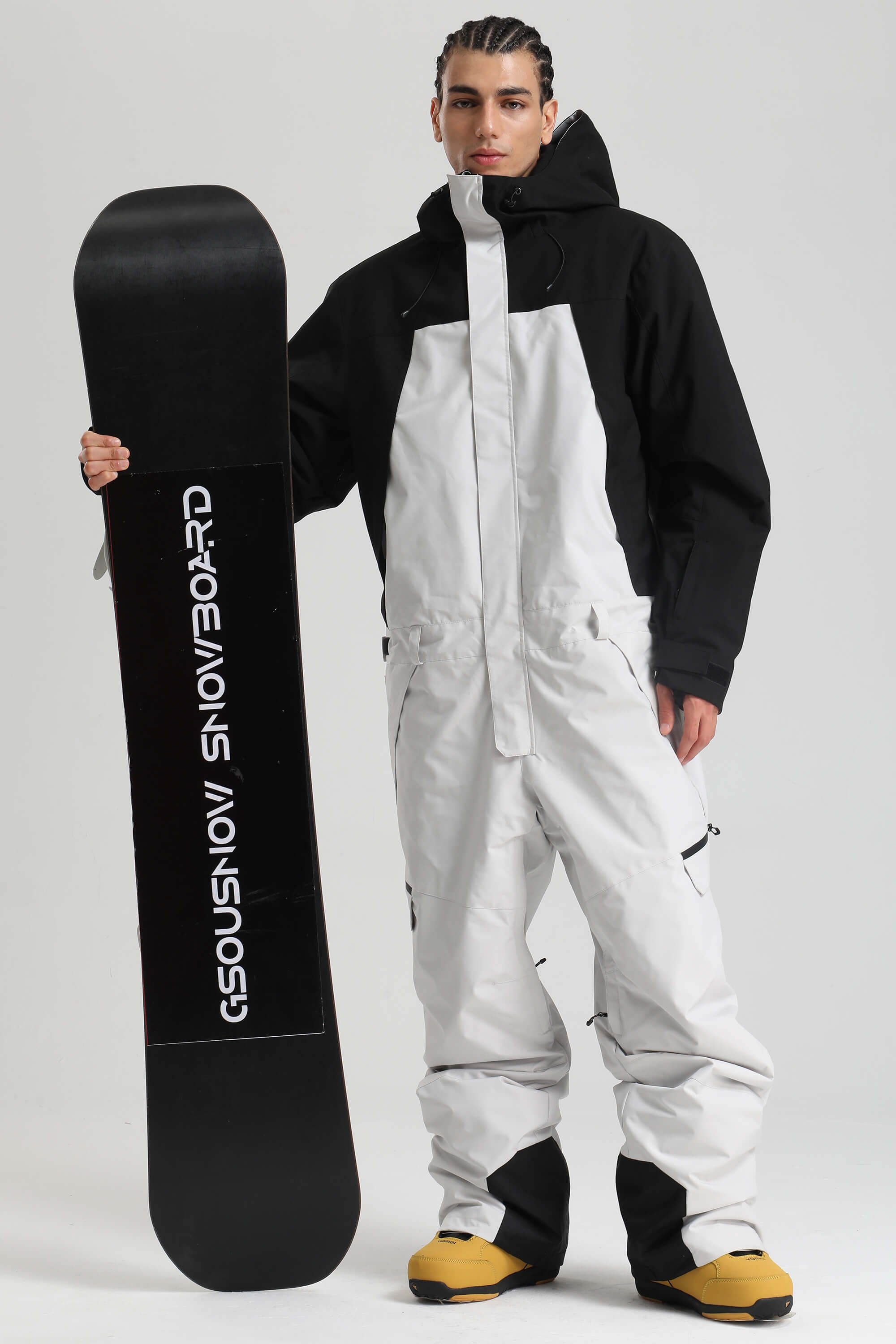 Men's Khaki & White Insulated Color-Block Utility Baggy One-Piece Ski Suit Snowboard Suit