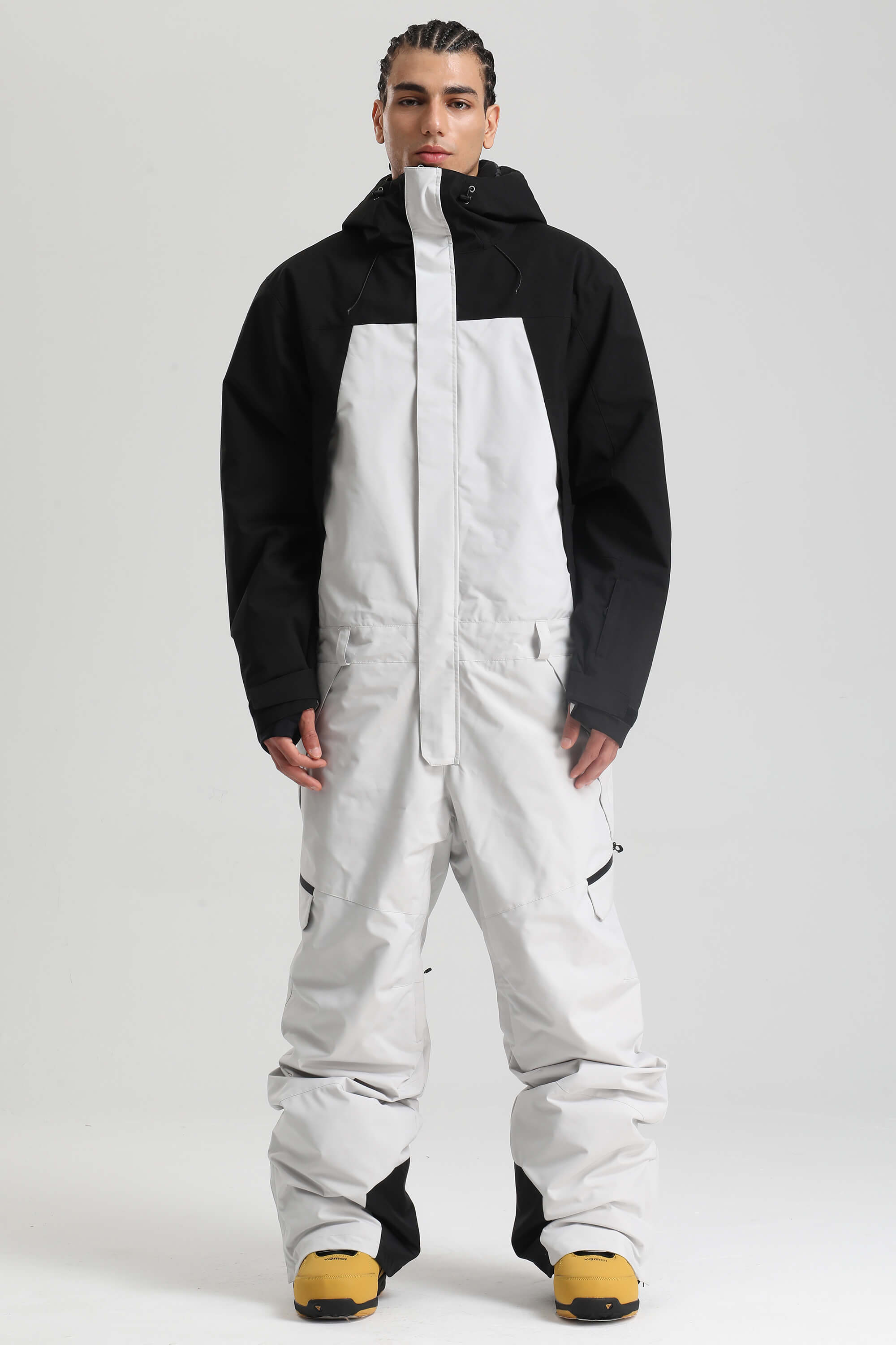 Men's Black & White Insulated Color-Block Utility Baggy One-Piece Ski Suit Snowboard Suit