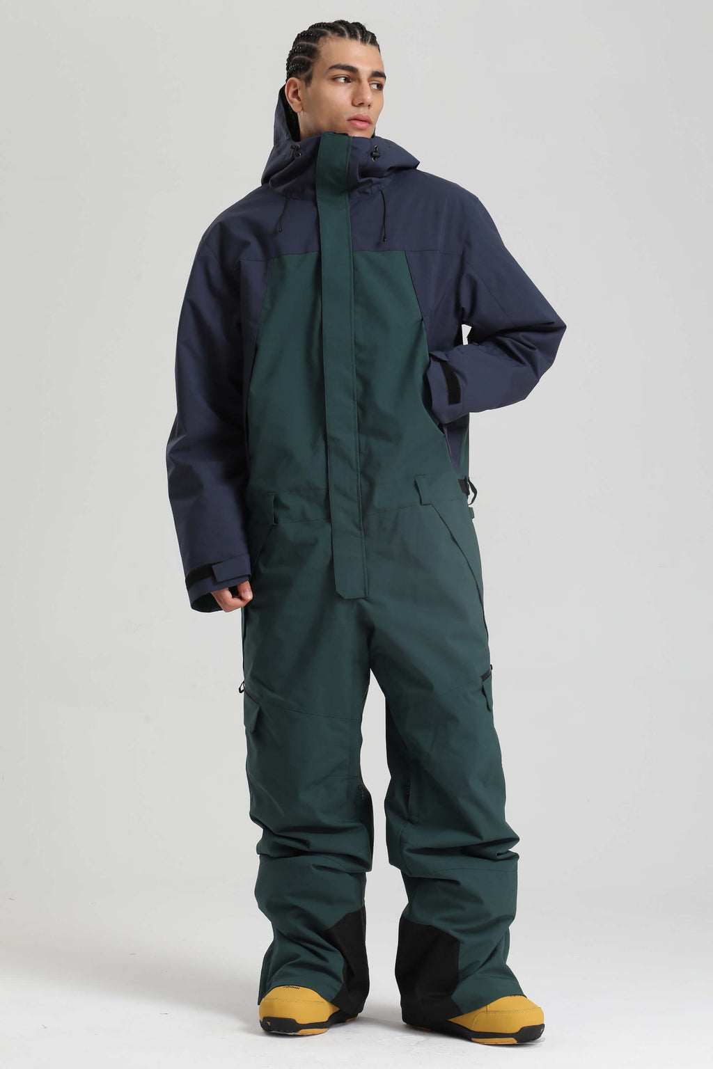 Men's Black & Khaki Insulated Color-Block Utility Baggy One-Piece Ski Suit Snowboard Suit