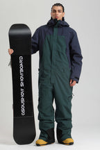 Men's Black & Green Insulated Color-Block Utility Baggy One-Piece Ski Suit Snowboard Suit