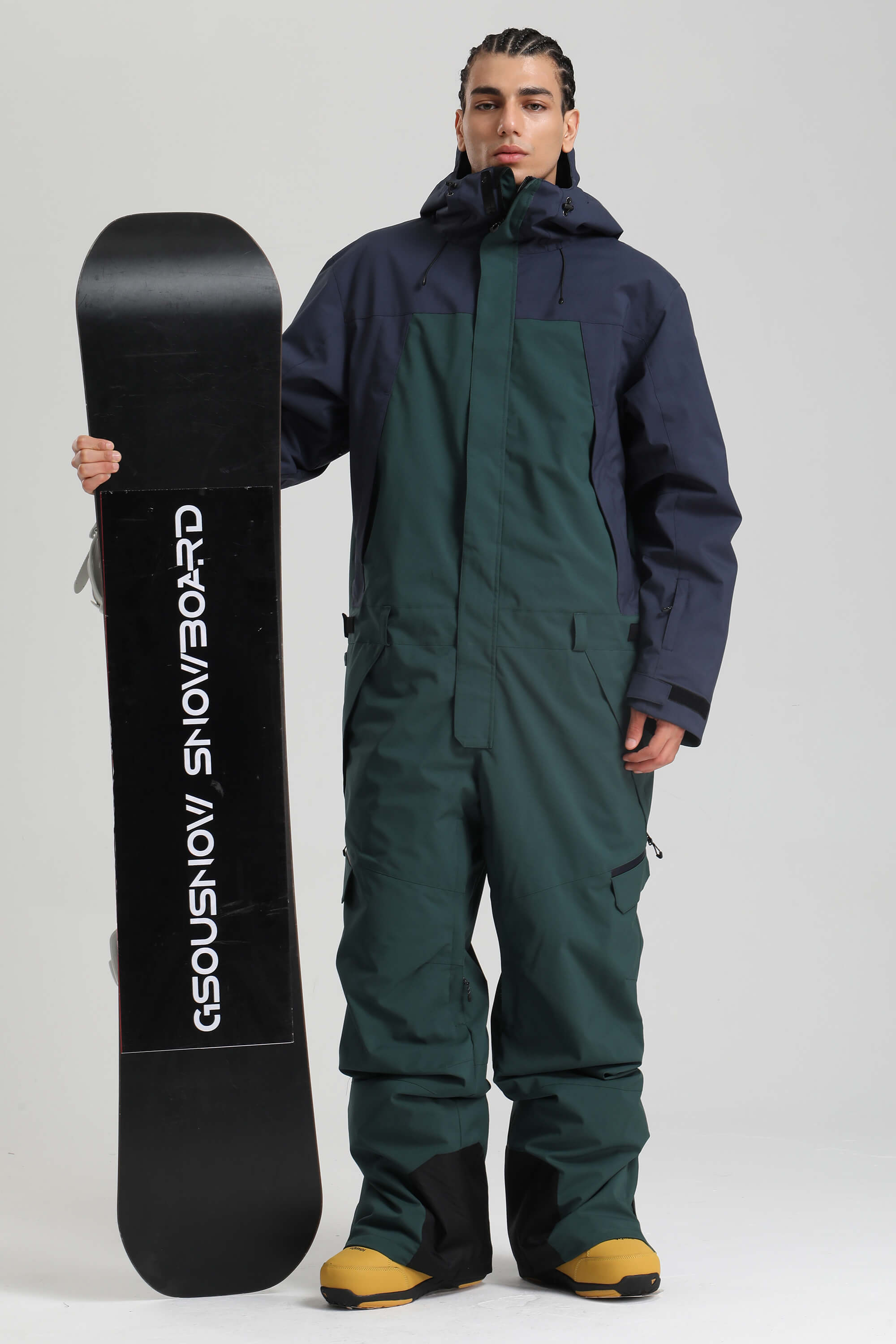 Men's Black & Green Insulated Color-Block Utility Baggy One-Piece Ski Suit Snowboard Suit