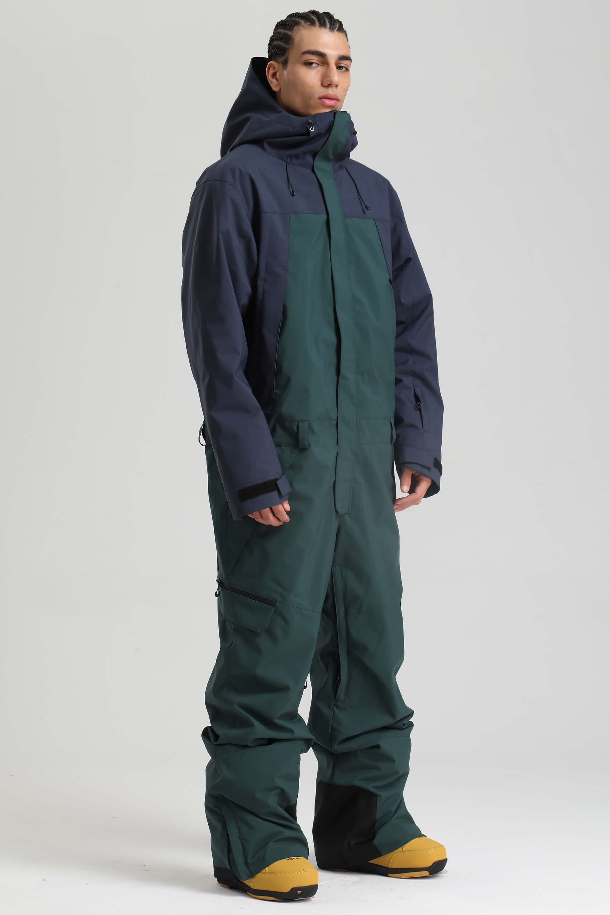 Men's Black & Green Insulated Color-Block Utility Baggy One-Piece Ski Suit Snowboard Suit
