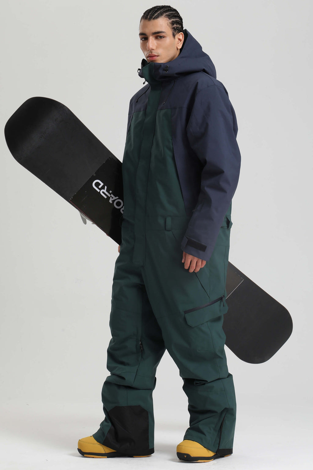Men's Black & Green Insulated Color-Block Utility Baggy One-Piece Ski Suit Snowboard Suit