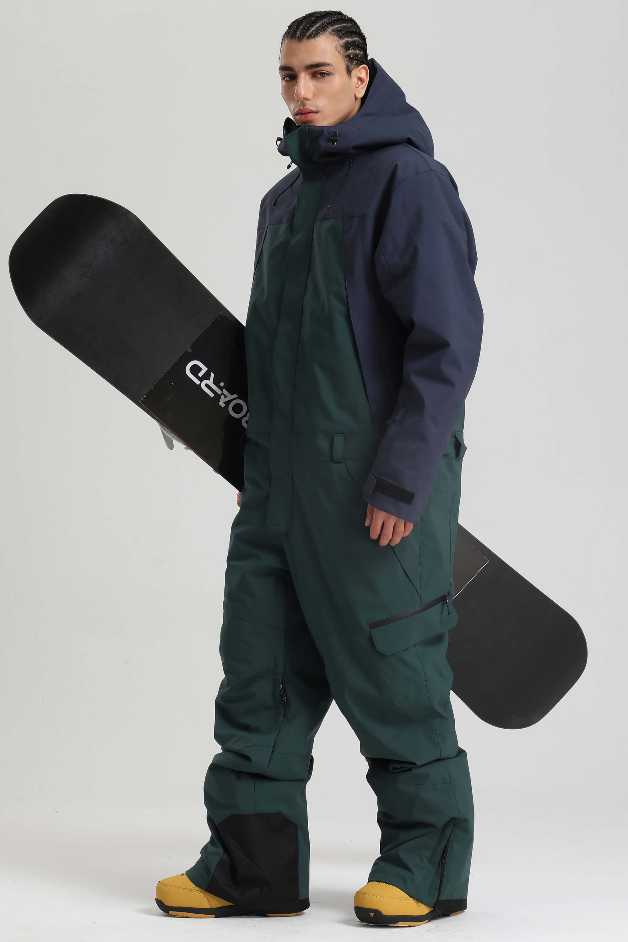 Men's Black & Green Insulated Color-Block Utility Baggy One-Piece Ski Suit Snowboard Suit