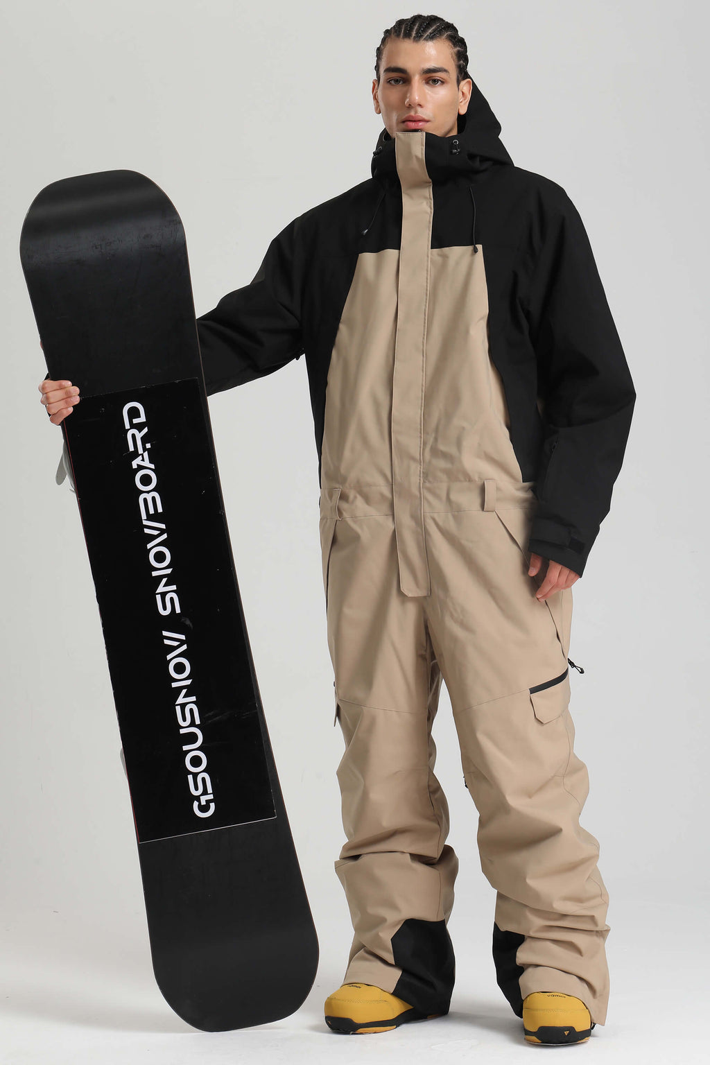 Men's Black & White Insulated Color-Block Utility Baggy One-Piece Ski Suit Snowboard Suit