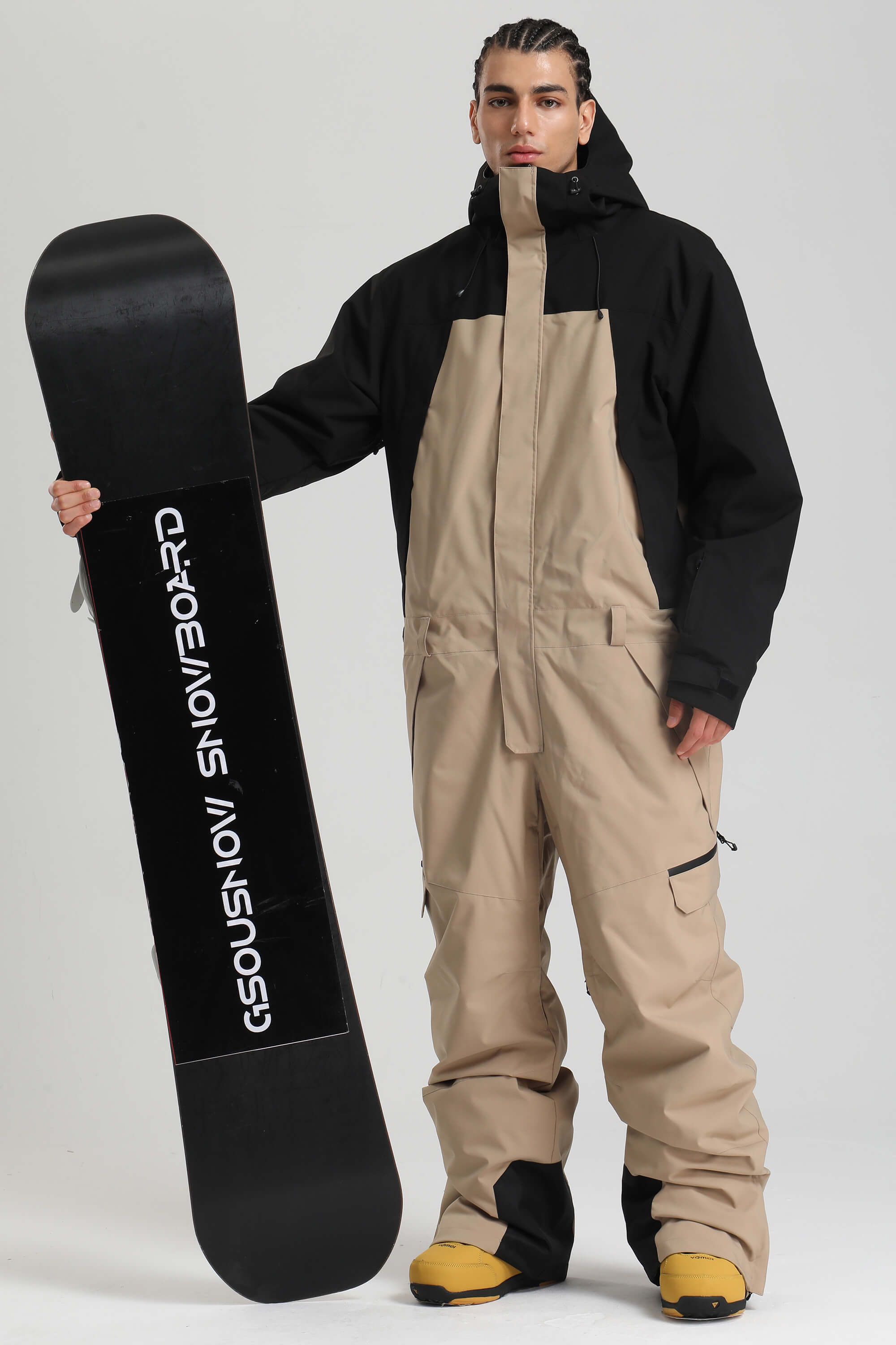 Men's Black & Khaki Insulated Color-Block Utility Baggy One-Piece Ski Suit Snowboard Suit Main image