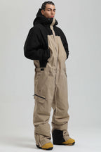 Men's Khaki & White Insulated Color-Block Utility Baggy One-Piece Ski Suit Snowboard Suit