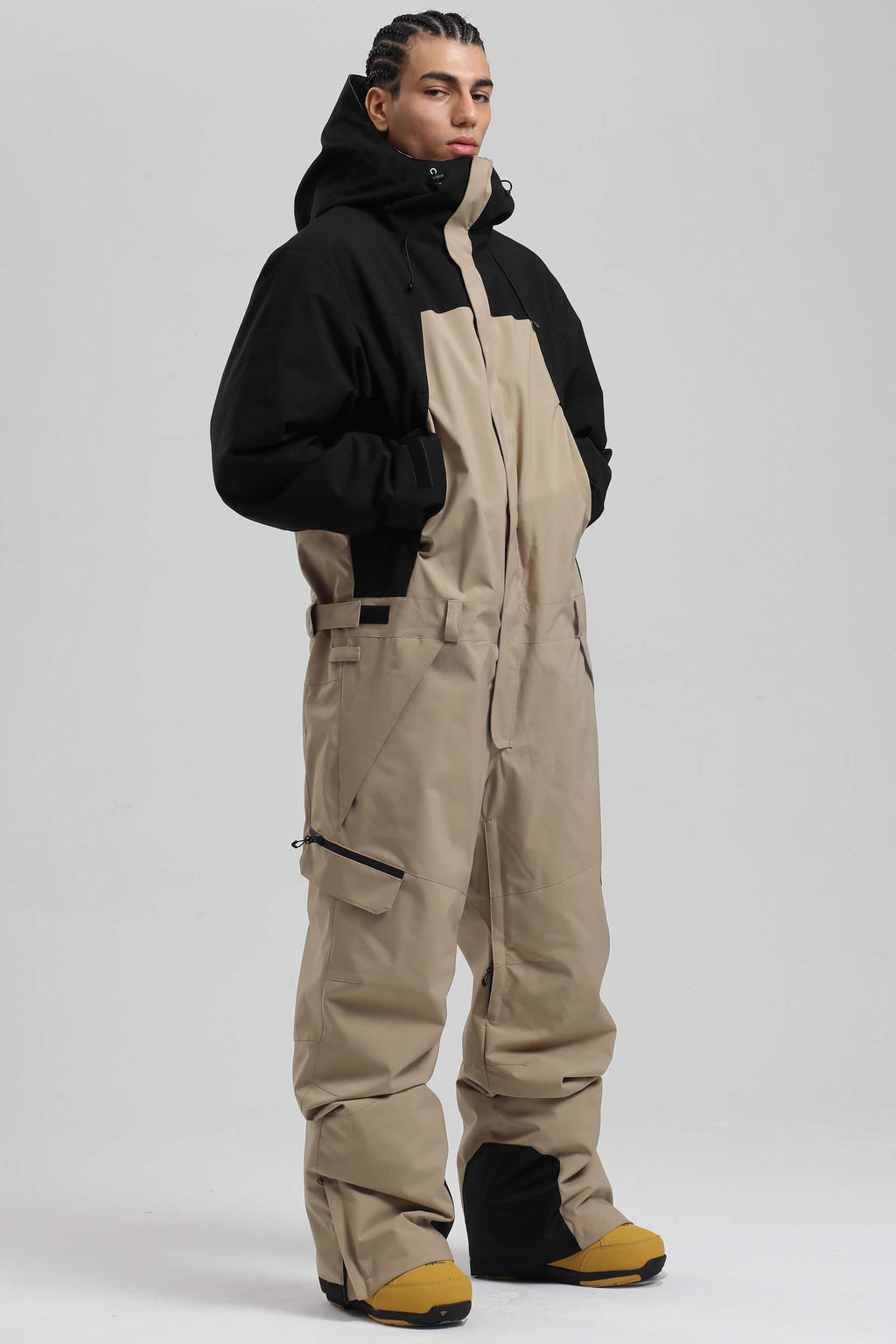 Men's Black & Khaki Insulated Color-Block Utility Baggy One-Piece Ski Suit Snowboard Suit