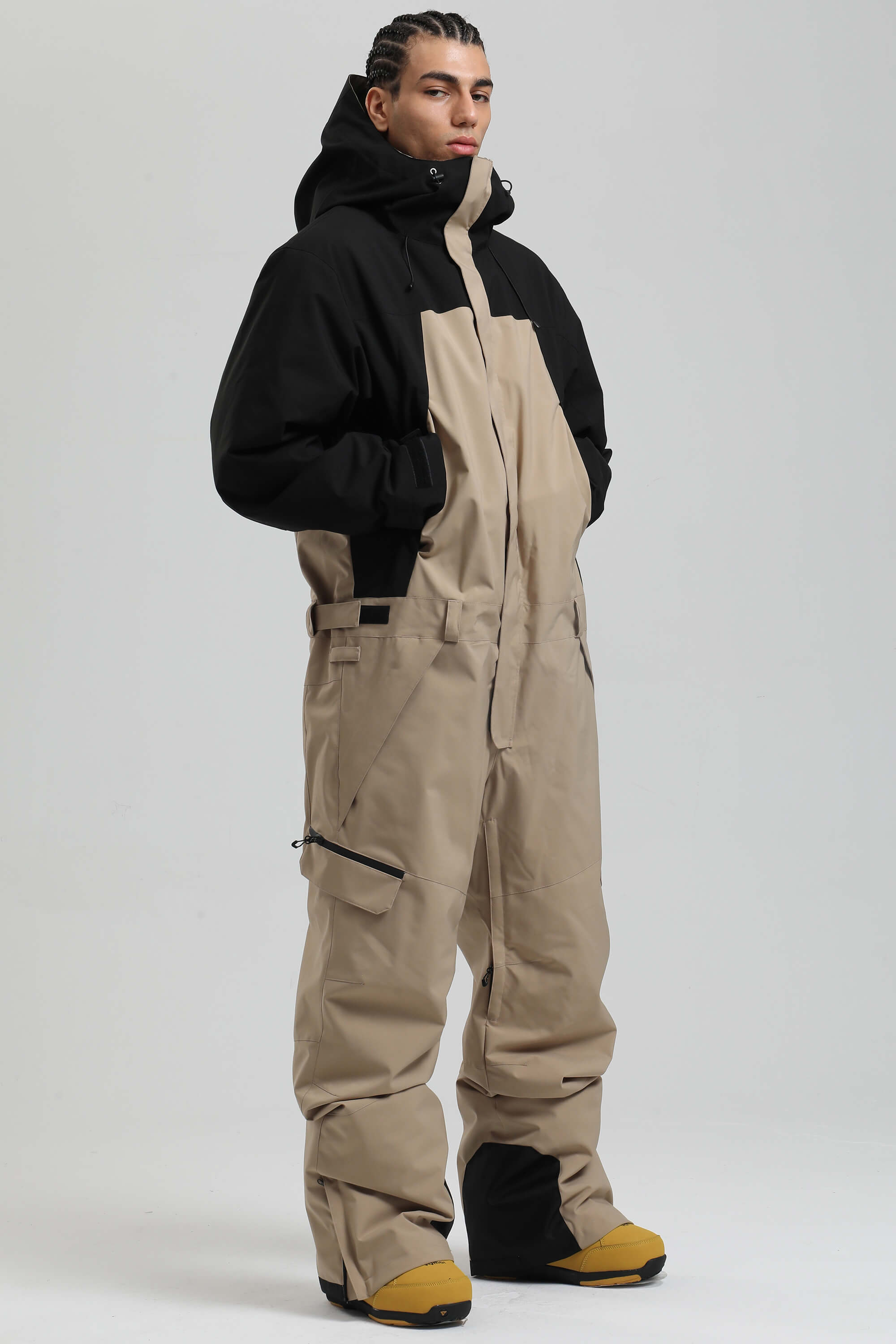 Men's Black & Khaki Insulated Color-Block Utility Baggy One-Piece Ski Suit Snowboard Suit