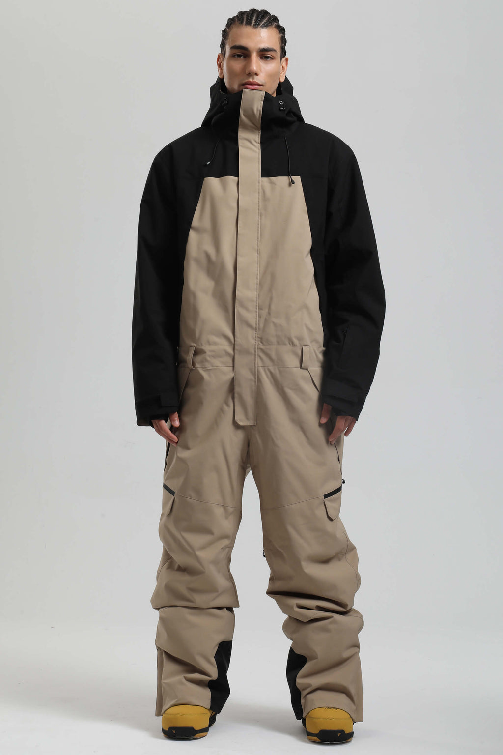 Men's Black & White Insulated Color-Block Utility Baggy One-Piece Ski Suit Snowboard Suit