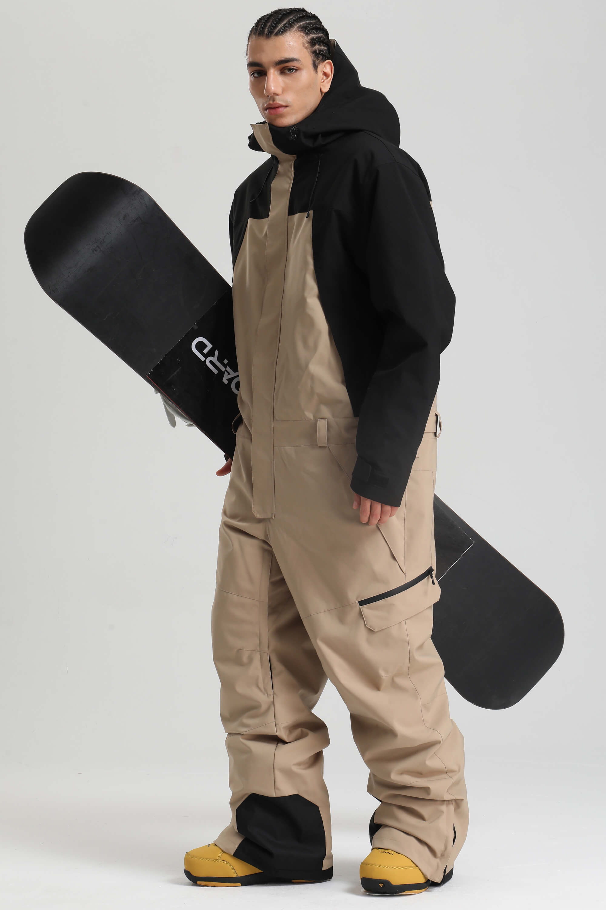 Men's Black & Khaki Insulated Color-Block Utility Baggy One-Piece Ski Suit Snowboard Suit