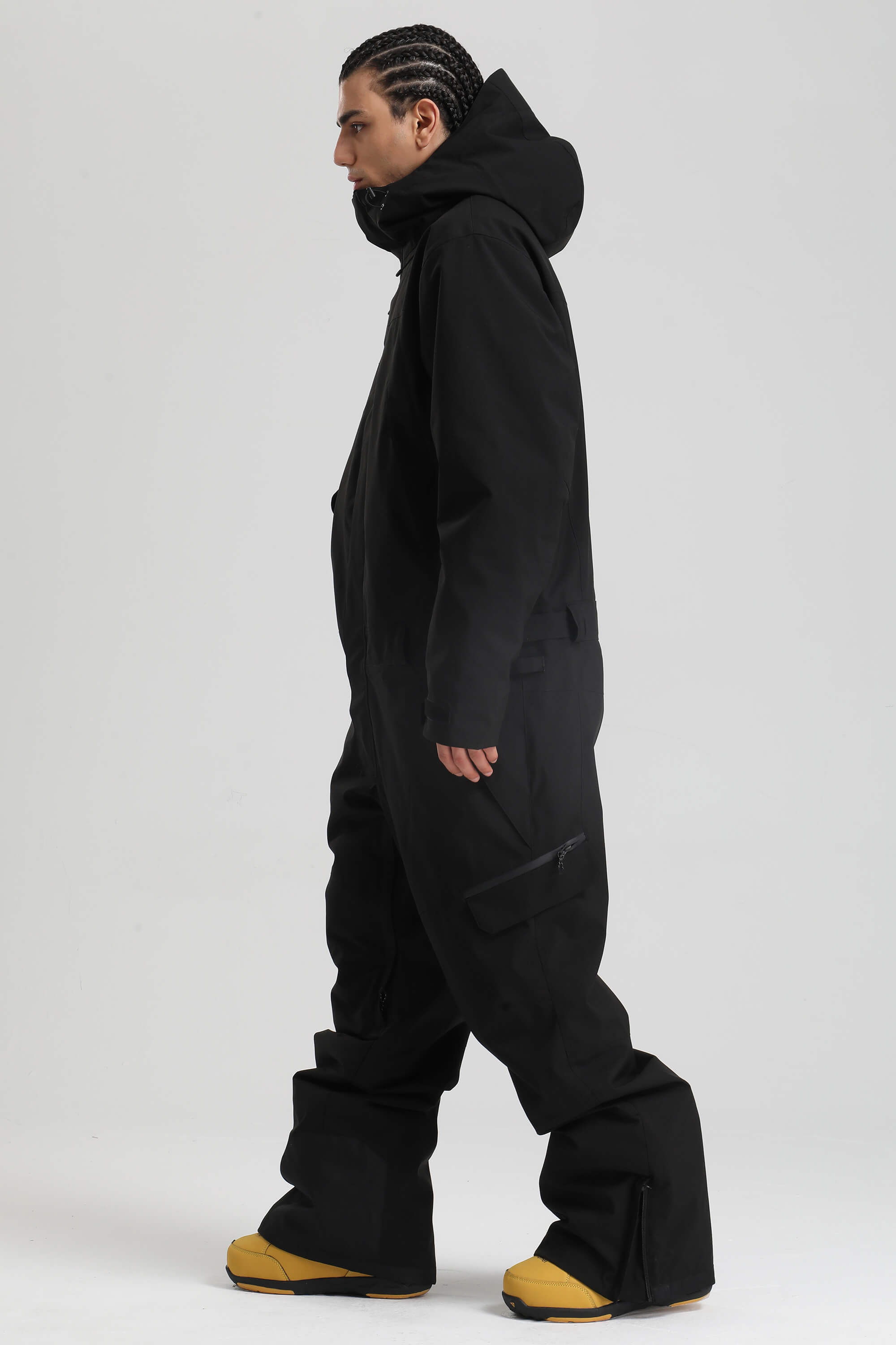 Men's Black Insulated Color-Block Utility Baggy One-Piece Ski Suit Snowboard Suit