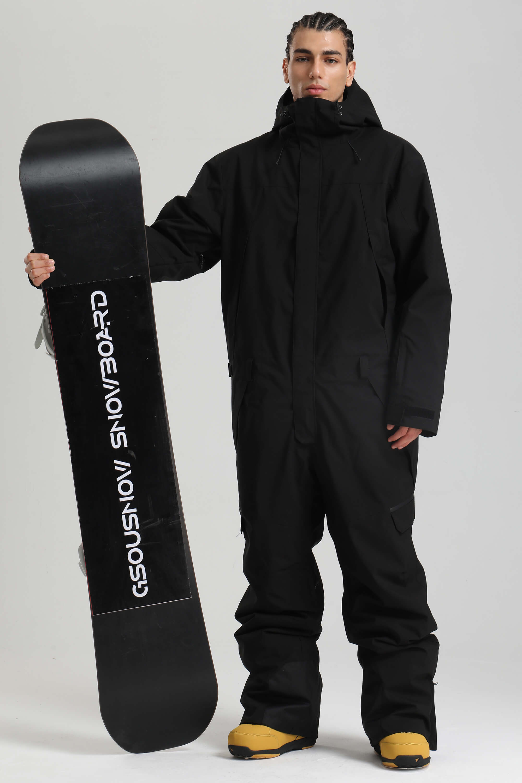Men's Khaki & White Insulated Color-Block Utility Baggy One-Piece Ski Suit Snowboard Suit