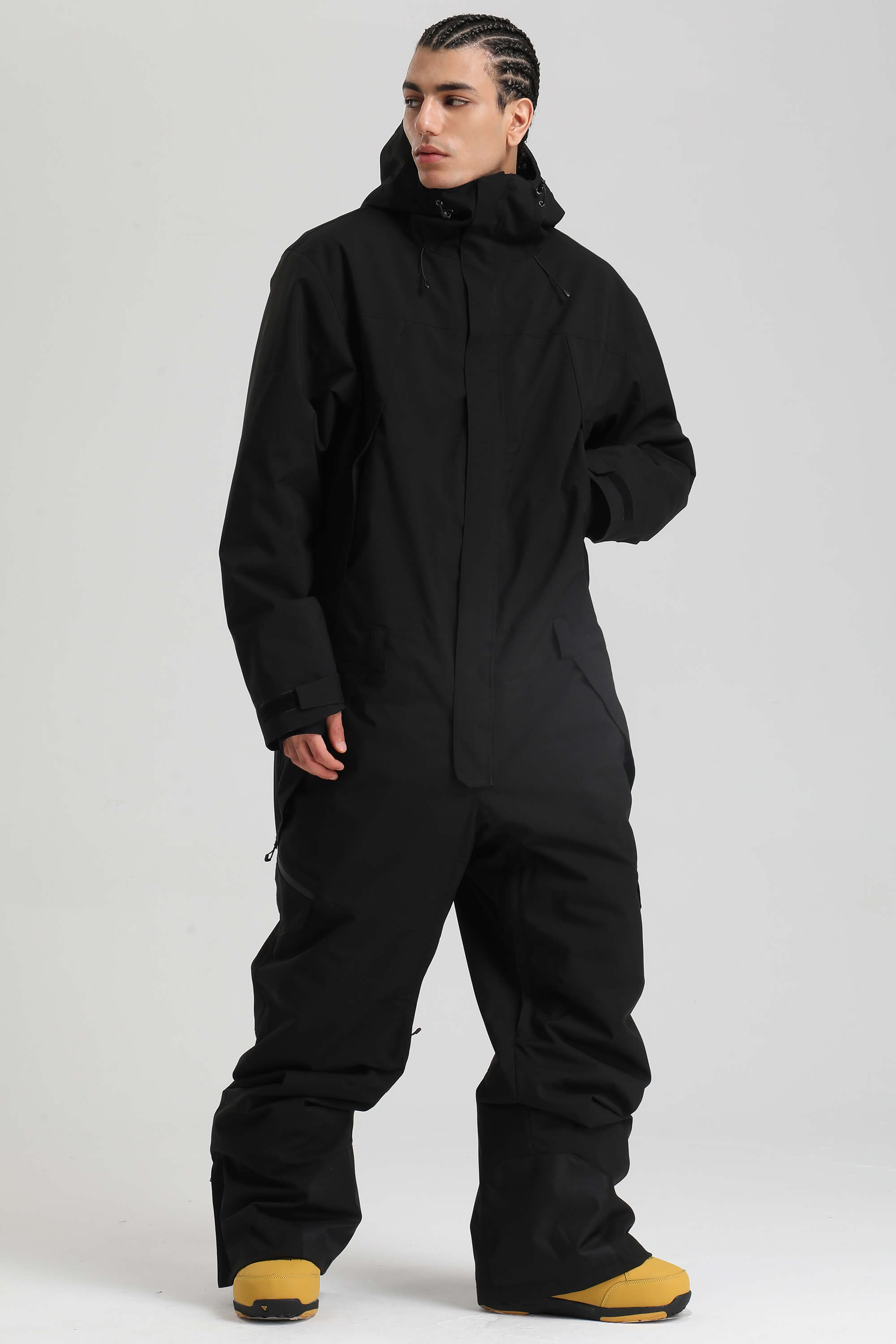 Men's Black & Khaki Insulated Color-Block Utility Baggy One-Piece Ski Suit Snowboard Suit
