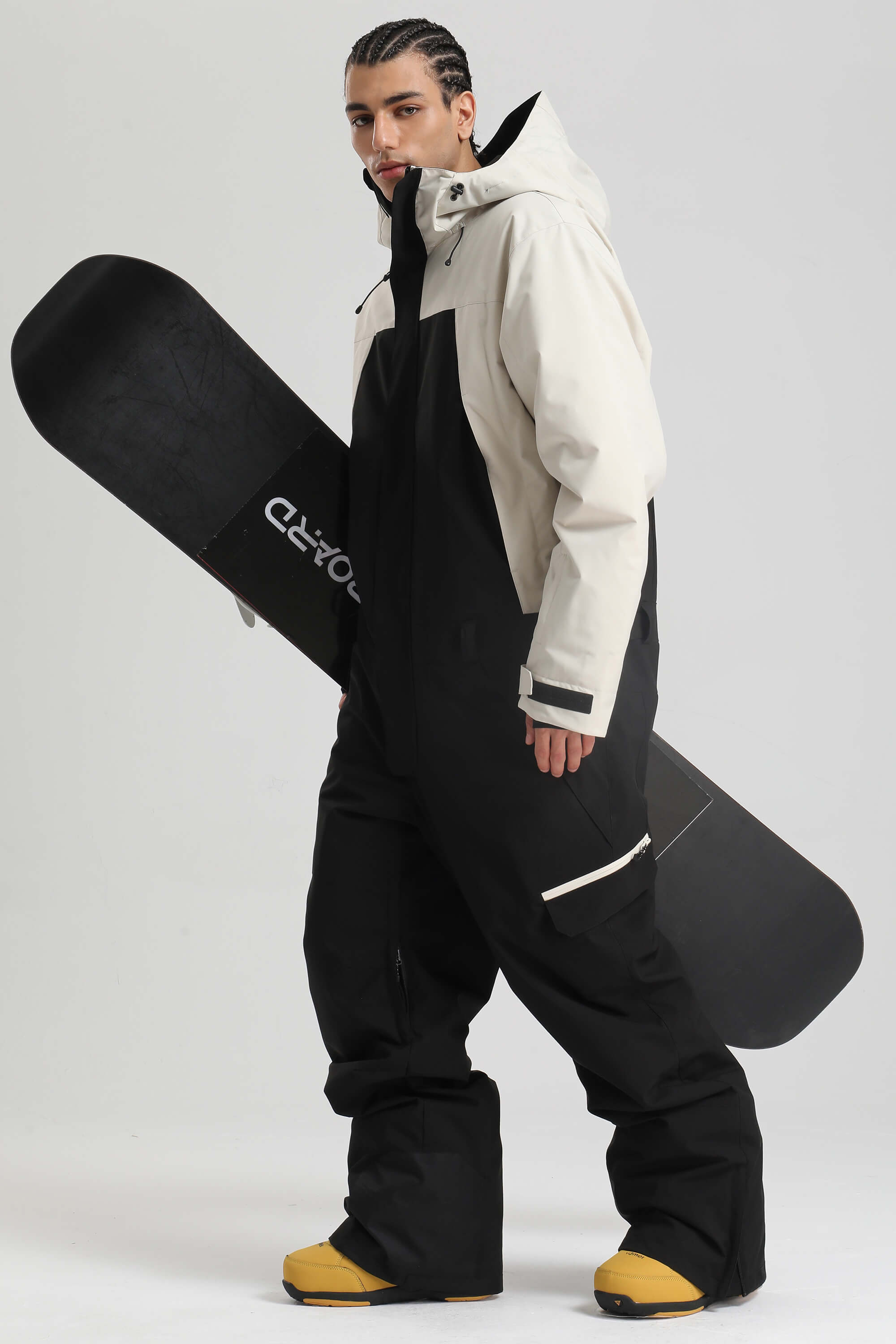 Men's White & Black Insulated Color-Block Utility Baggy One-Piece Ski Suit Snowboard Suit Main image