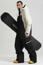 Men's Black & Khaki Insulated Color-Block Utility Baggy One-Piece Ski Suit Snowboard Suit