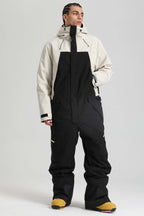 Men's Khaki & White Insulated Color-Block Utility Baggy One-Piece Ski Suit Snowboard Suit
