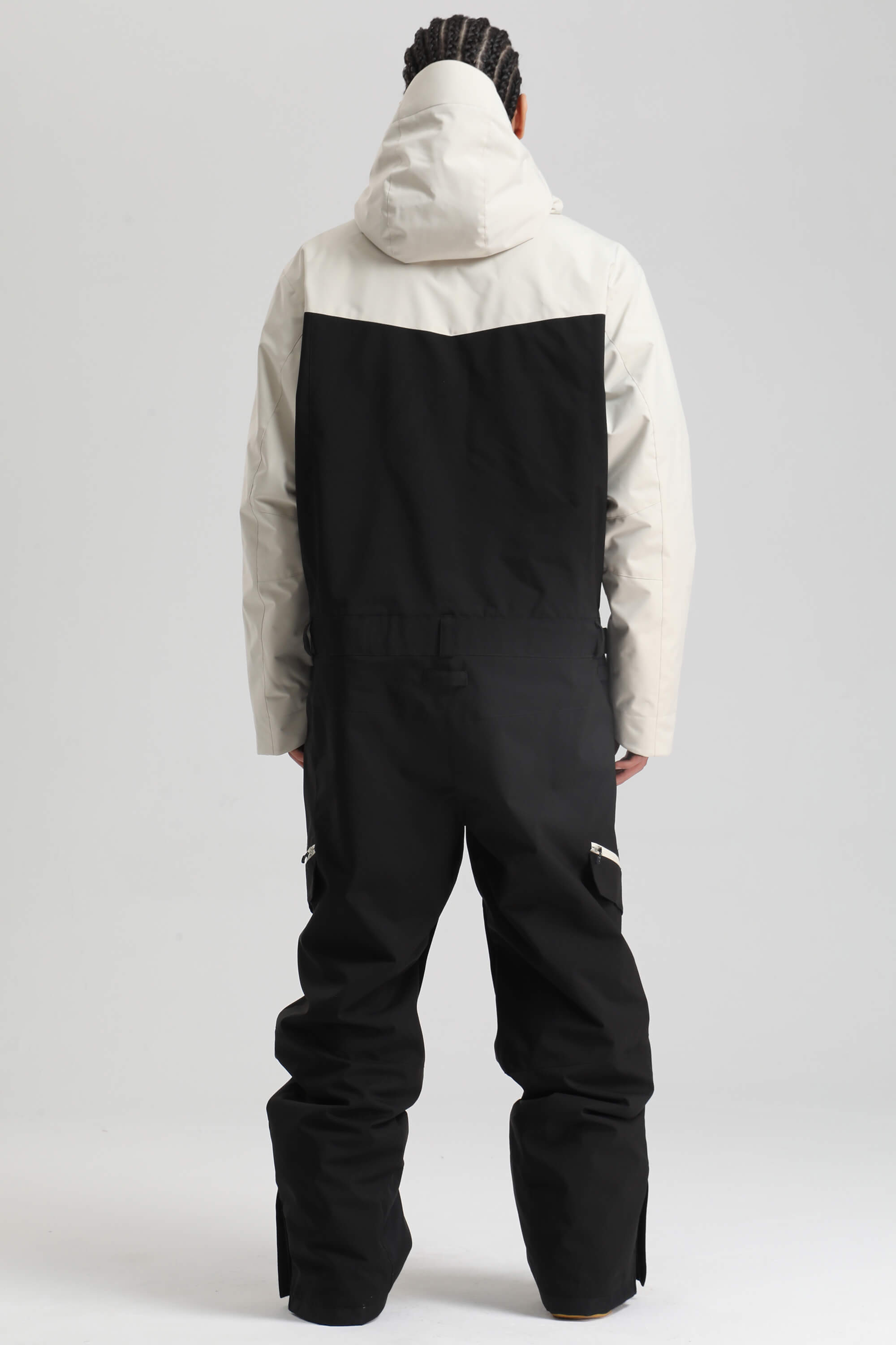 Men's White & Black Insulated Color-Block Utility Baggy One-Piece Ski Suit Snowboard Suit