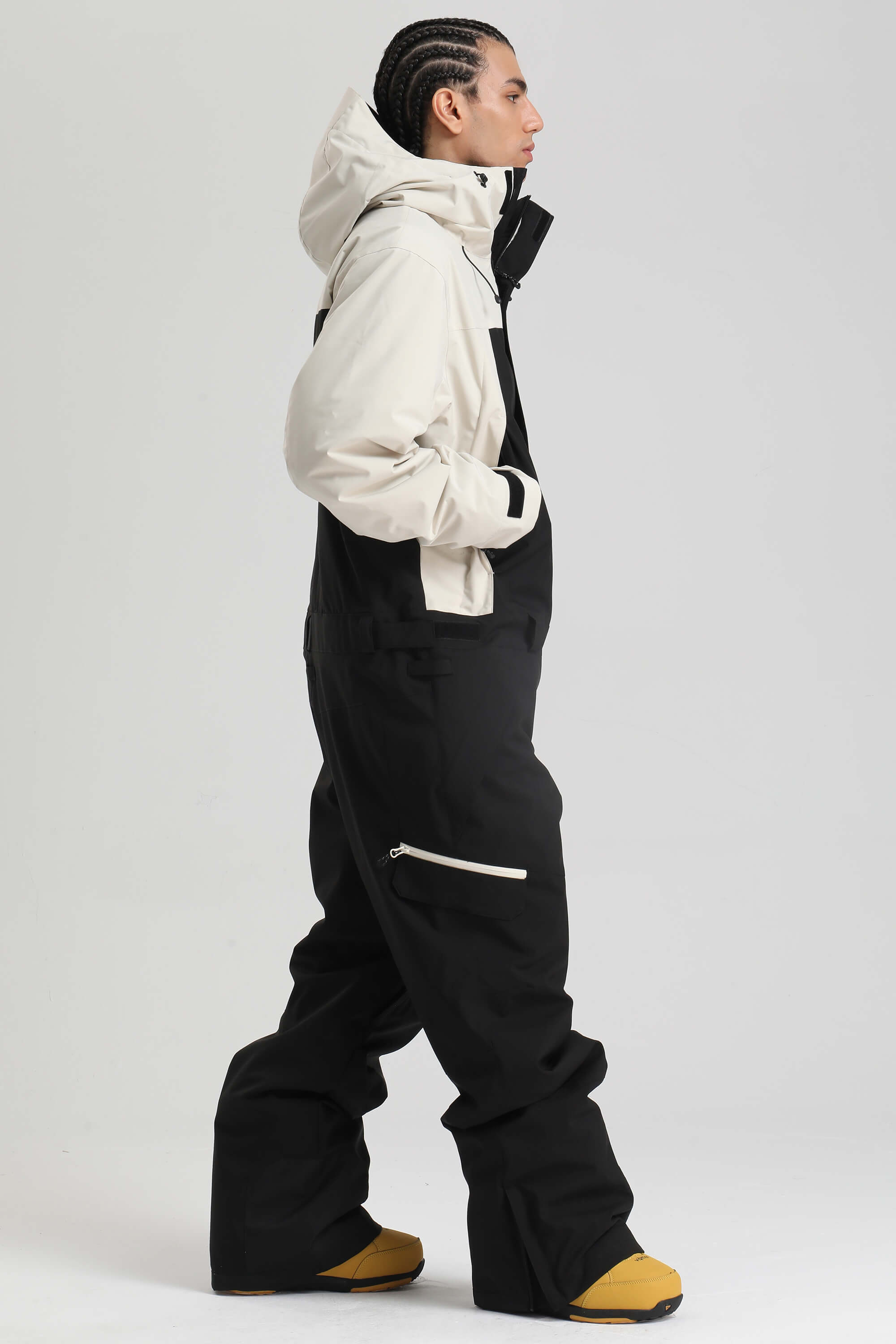 Men's Black Insulated Color-Block Utility Baggy One-Piece Ski Suit Snowboard Suit