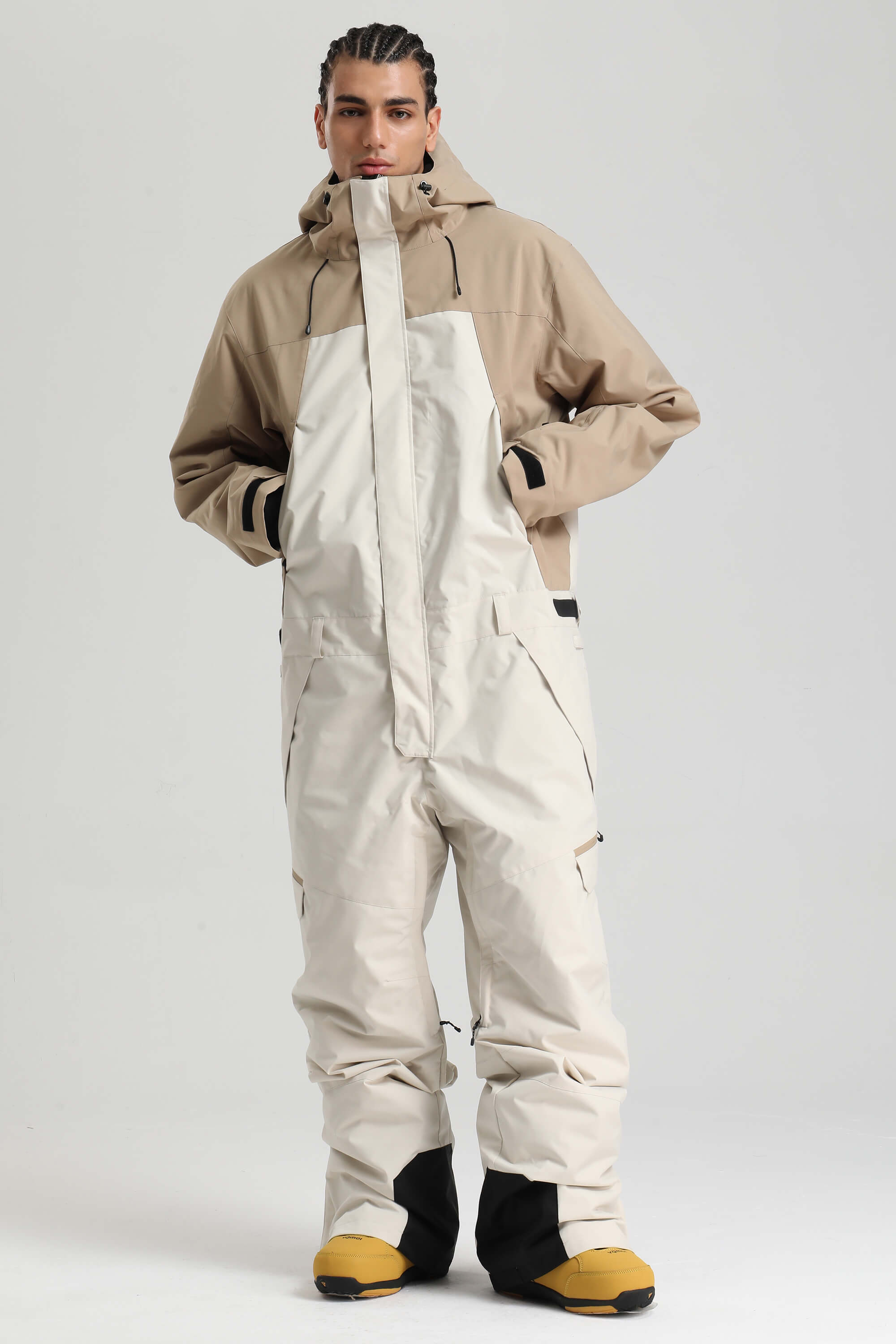 Men's Black & Khaki Insulated Color-Block Utility Baggy One-Piece Ski Suit Snowboard Suit