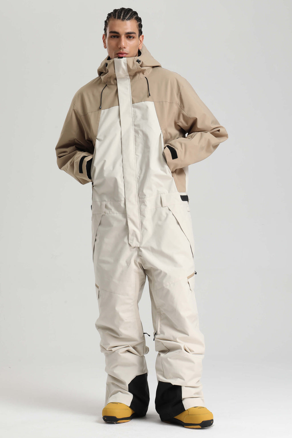 Men's White & Black Insulated Color-Block Utility Baggy One-Piece Ski Suit Snowboard Suit